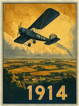 An antique airplane flies over vibrant green fields and farms, capturing the essence of aviation in 1914. Soft clouds and a distant plume of smoke enhance the historical atmosphere.
