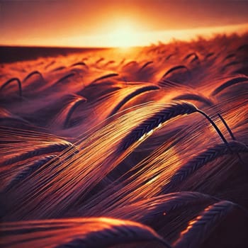 Close-up view of wheat stalks illuminated by the setting sun, creating a warm and textured image. A high-quality AI-generated photo.