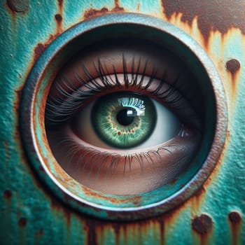 A close-up shot of a green eye peering through a rusty metallic circle. A high-quality AI-generated photo.