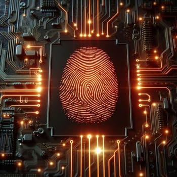 A fingerprint glows intensely on a circuit board, symbolizing digital security and biometric technology. A high-quality AI-generated photo.