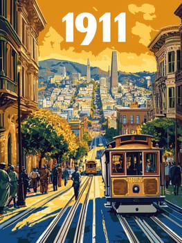 Vintage streetcars navigate the iconic hilly streets of San Francisco, surrounded by historic buildings and vibrant trees. A warm sunset casts a glow over the bustling city in 1911.