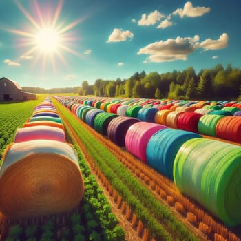 Aerial view of a field with colorful hay bales under a bright sun and blue sky. A high-quality AI-generated photo.