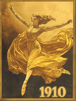 A graceful ballet dancer takes a dynamic leap, her flowing golden dress billowing around her. The artwork reflects an early 1900s style, evoking a sense of joy and elegance.