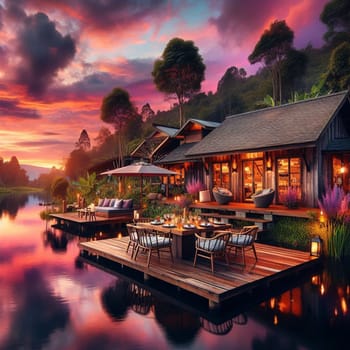 A luxurious wooden house on a lake at sunset, with a dining area on a wooden deck, creating a serene and idyllic scene. A high-quality AI-generated photo.