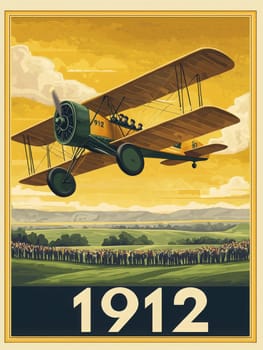 A biplane soars through the sky above a large crowd gathered in a green field. The year displayed is 1912, highlighting an important moment in aviation history filled with excitement and curiosity.