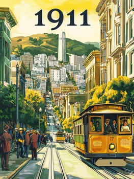 Colorful cable cars navigate the steep streets of San Francisco in 1911, surrounded by lush trees and historic architecture. People stroll along the sidewalks, enjoying the lively atmosphere.