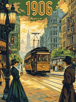 A vintage streetcar glides through a lively city street filled with elegantly dressed pedestrians. Buildings rise steeply beside the tracks as the sun sets, casting a warm glow over the scene.