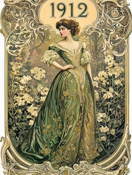 A graceful woman stands in a lush field of flowers, adorned in a detailed green gown with floral embellishments. The background features intricate designs, evoking a timeless elegance from 1912.