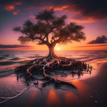A solitary tree with exposed roots stands on a beach at sunset, with the sun setting directly behind it. A high-quality AI-generated photo.
