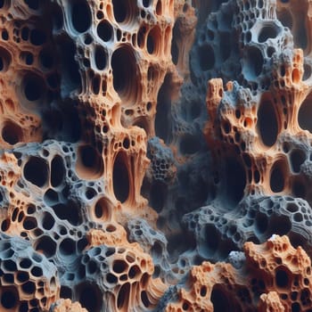Abstract image of a porous, cavernous rock formation in shades of orange and gray. A high-quality AI-generated photo.