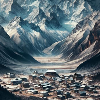 Aerial view of a village nestled in a snowy mountain valley. A high-quality AI-generated photo.