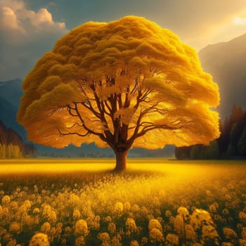 A large, vibrant yellow tree stands in a field of yellow wildflowers, with mountains and forest in the background. A high-quality AI-generated photo.