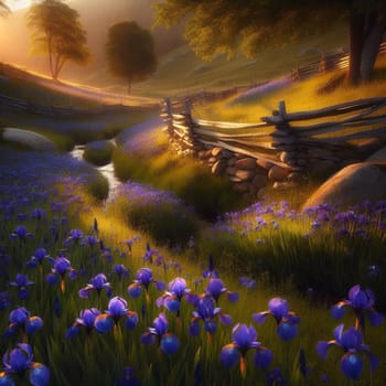 A tranquil meadow with purple irises and a wooden fence bordering a small stream, bathed in sunlight. A high-quality AI-generated photo.