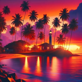 A lighthouse on a tropical beach at sunset, with palm trees silhouetted against the vibrant sky. A high-quality AI-generated photo.