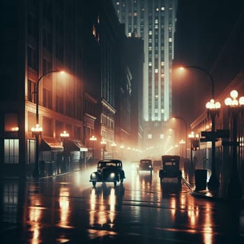 A vintage-style city street at night, with rain reflecting the city lights on the wet pavement. A high-quality AI-generated photo.