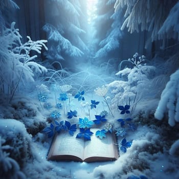 A magical winter scene with a book lying open in the snow, surrounded by blue and white flowers and snowy foliage. A high-quality AI-generated photo.