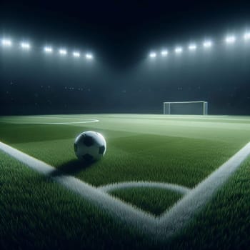 A soccer ball sits on a well-maintained grass field at night, illuminated by bright stadium lights. A high-quality AI-generated photo.