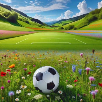 A soccer ball rests in a field of wildflowers, with a soccer field in the background and a picturesque mountainous landscape. A high-quality AI-generated photo.