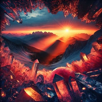 A dramatic sunset viewed through a cavern of glowing red crystals. Mountains are visible in the distance. A high-quality AI-generated photo.