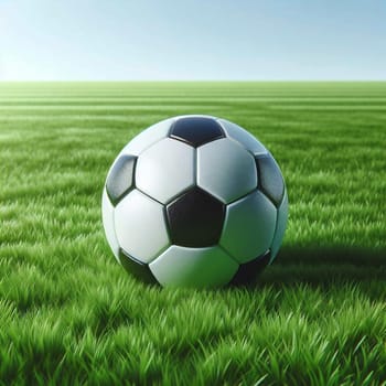 A classic black and white soccer ball rests on a lush green field under a bright sky. A high-quality AI-generated photo.