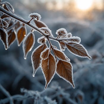 Close-up of a frost-covered branch with brown leaves, showcasing intricate ice crystals and a warm light source. A high-quality AI-generated photo.