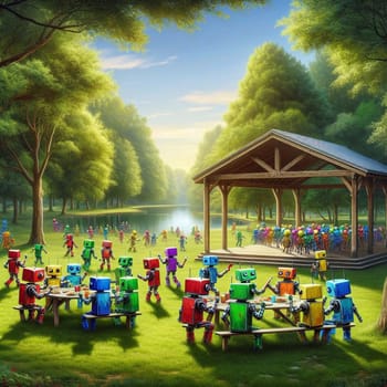 Whimsical illustration of colorful robots having a picnic in a park setting. A high-quality AI-generated photo.
