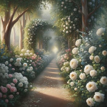 A picturesque path lined with lush rose bushes leads to a bright light at the end, creating a magical and romantic atmosphere. A high-quality AI-generated photo.