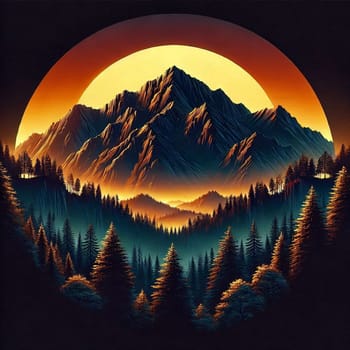 A circular composition depicting a mountain range at sunset, surrounded by a ring of dark evergreen trees. A high-quality AI-generated photo.