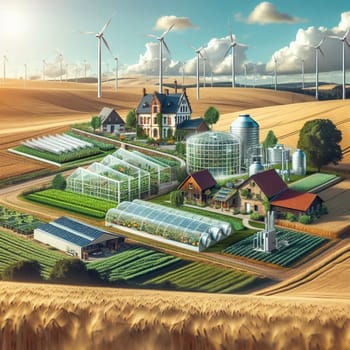 A futuristic farm with various sustainable technologies, including wind turbines, greenhouses, and solar panels. A high-quality AI-generated photo.