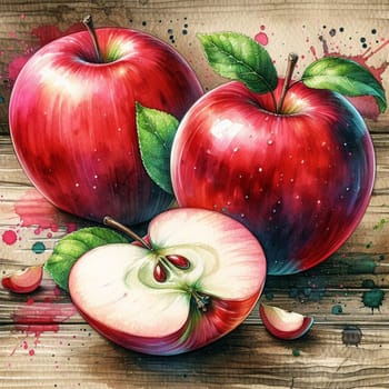 Watercolor painting of two red apples and a sliced apple on a wooden surface. A high-quality AI-generated photo.