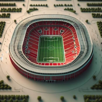 Aerial view of a modern soccer stadium with red seats and a green field. A high-quality AI-generated photo.