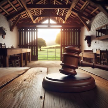 A wooden gavel rests on a wooden table in a rustic barn, symbolizing justice and rural life. A high-quality AI-generated photo.