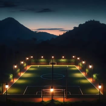 Aerial view of a lit soccer field at night, surrounded by hills and trees. A high-quality AI-generated photo.