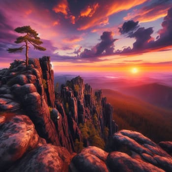 A dramatic sunset over a rocky mountain range, with a lone pine tree on a rocky outcrop. A high-quality AI-generated photo.
