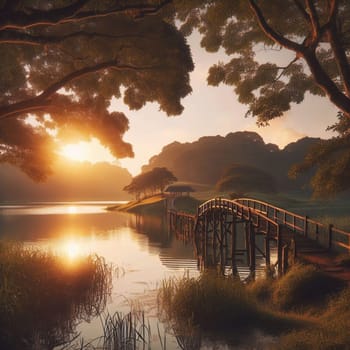 Sunrise over a tranquil lake with a wooden footbridge, lush greenery, and large trees. A high-quality AI-generated photo.