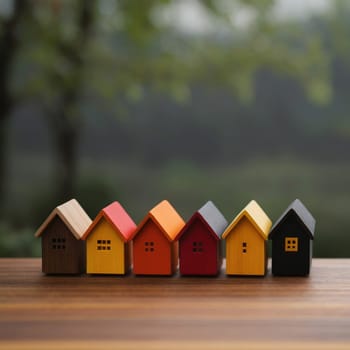 Six colorful miniature houses in a row on a wooden surface, with a blurred green background. A high-quality AI-generated photo.