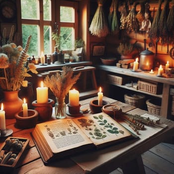 A rustic interior scene of a herbalist's workshop with herbs, candles, and an open book of botanical illustrations. A high-quality AI-generated photo.