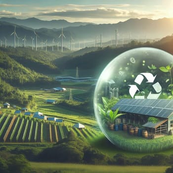 A miniature eco-friendly farm inside a glass sphere, with wind turbines and green landscapes in the background, symbolizing sustainability. A high-quality AI-generated photo.