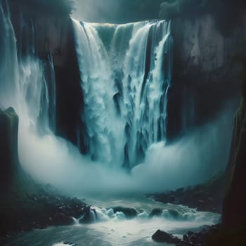 A powerful waterfall cascades down a dark cliff face, creating a misty, ethereal scene. A high-quality AI-generated photo.