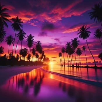 Vibrant sunset over a tropical beach, with palm trees silhouetted against the colorful sky, reflected in the calm water. A high-quality AI-generated photo.