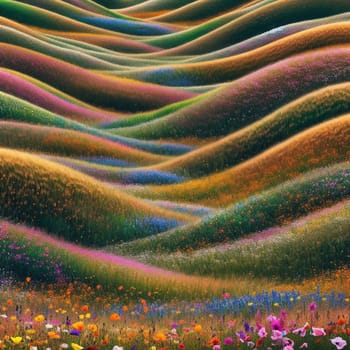 A vibrant landscape of rolling hills covered in a variety of colorful wildflowers. A high-quality AI-generated photo.