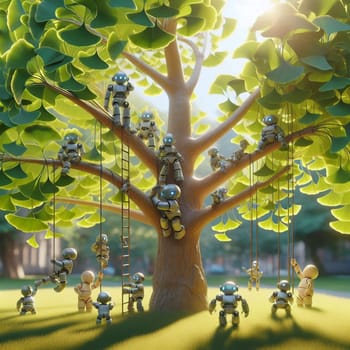 A whimsical scene featuring numerous small robots interacting with a large Ginkgo tree. A high-quality AI-generated photo.