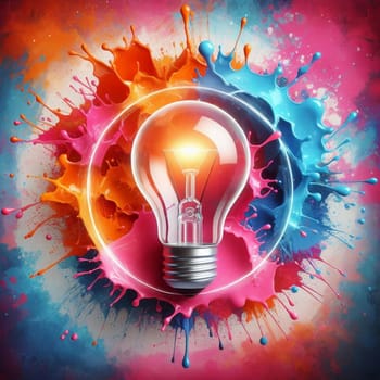 A light bulb glows brightly amidst colorful paint splatters, symbolizing creativity and innovation. A high-quality AI-generated photo.