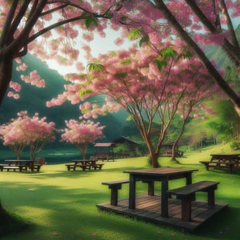 Picnic tables are set beneath pink flowering trees by a calm body of water, with green grass and a mountain backdrop. A high-quality AI-generated photo.