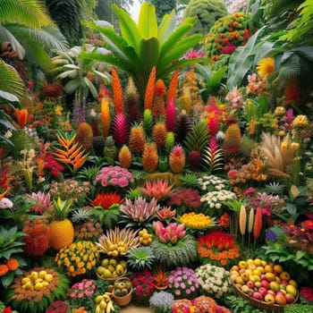 A lush tropical garden with a variety of colorful flowers, plants, and fruits arranged in a visually stunning display. A high-quality AI-generated photo.