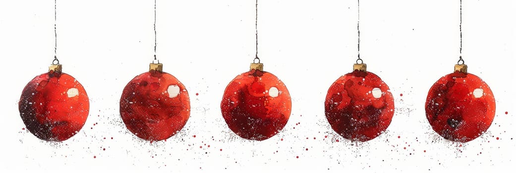 Five red Christmas ornaments hang from strings, creating a festive atmosphere. The ornaments have a glossy finish and are sprinkled with glitter, adding a cheerful touch to the holiday season.