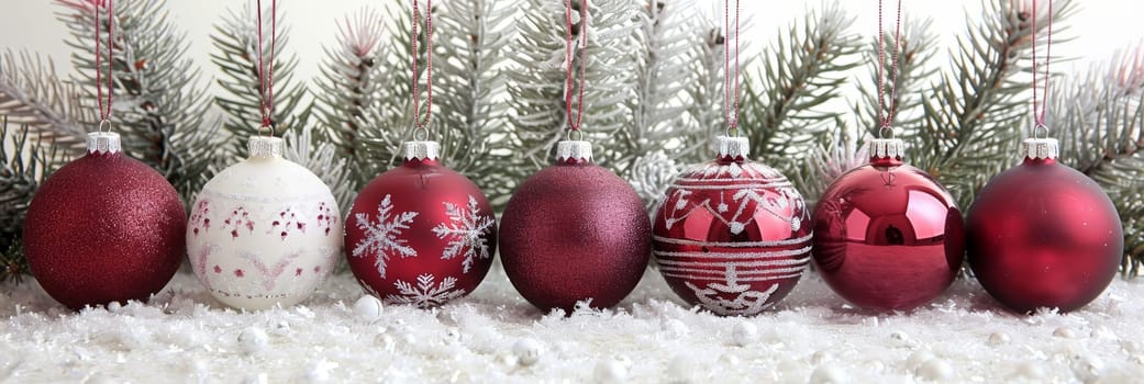 Colorful holiday ornaments in red and white sit neatly on a snowy surface, surrounded by evergreen branches, creating a festive atmosphere perfect for winter celebrations.