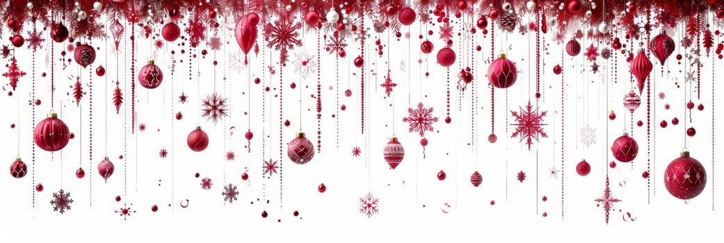 Colorful red ornaments and snowflakes hang elegantly against a white background, creating a vibrant and festive holiday spirit for celebrations and decorations.