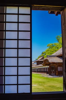 View through the window of the Japanese garden. Shooting Location: Niigata Prefecture