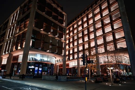 Buildings and lighting at night. Shooting Location: UK, London